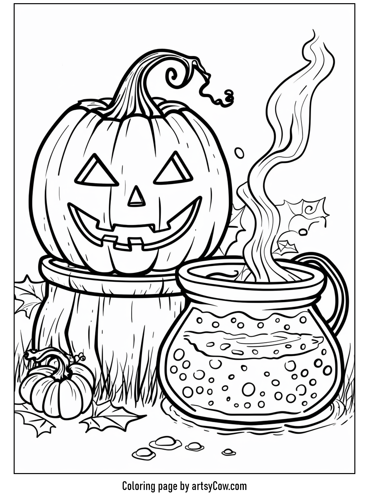 halloween pumpkin drawings for kids, depicting a smiling pumpkin behind a cauldron with steam swirling into the air